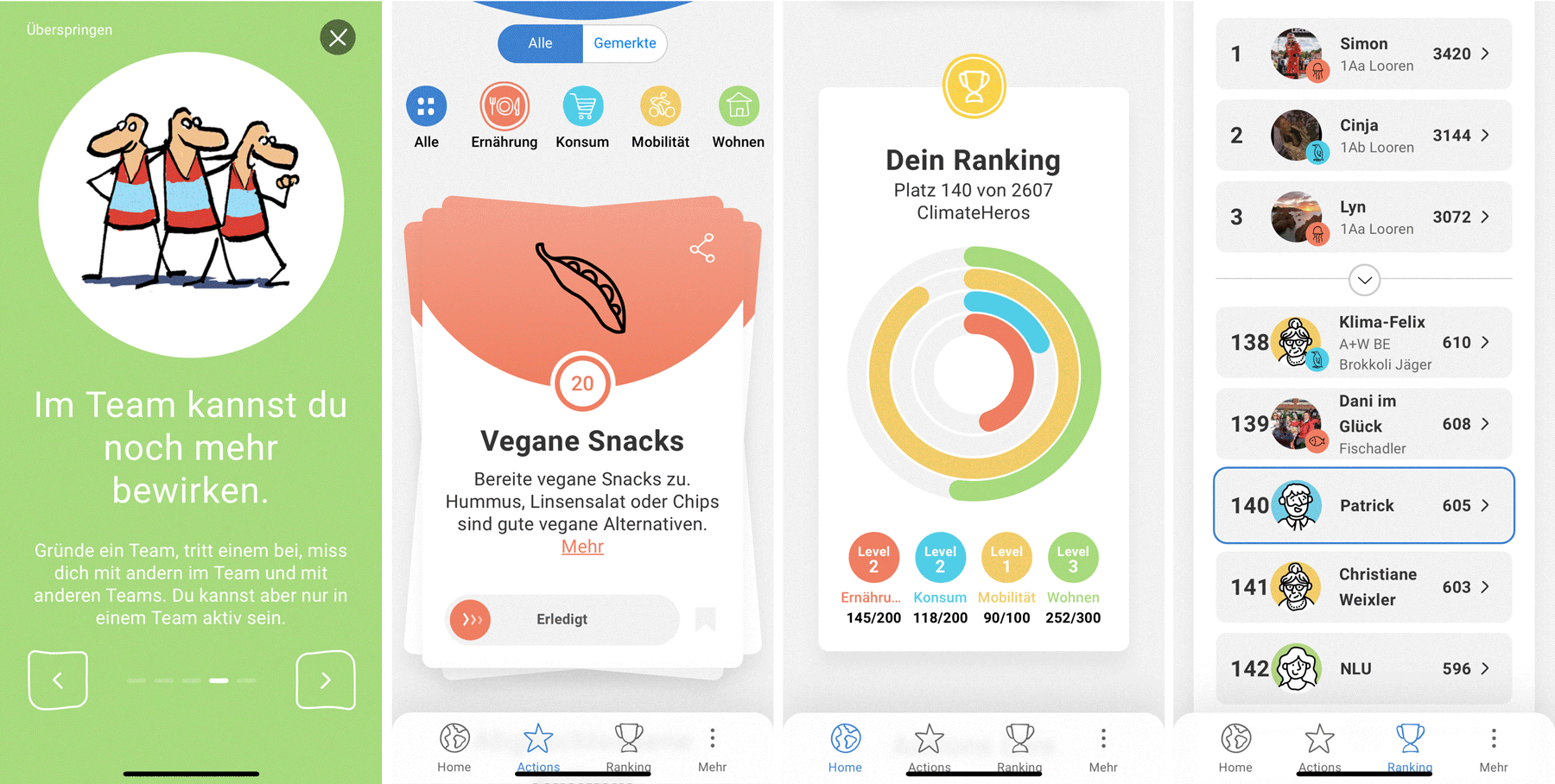 Verschiedene Funktionen der App "ClimateActions" als Screenshots