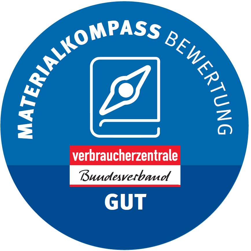 Logo mit der Aufschrift "Materialkompass Bewertung GUT, Verbraucherzentrale Bundesverband" 