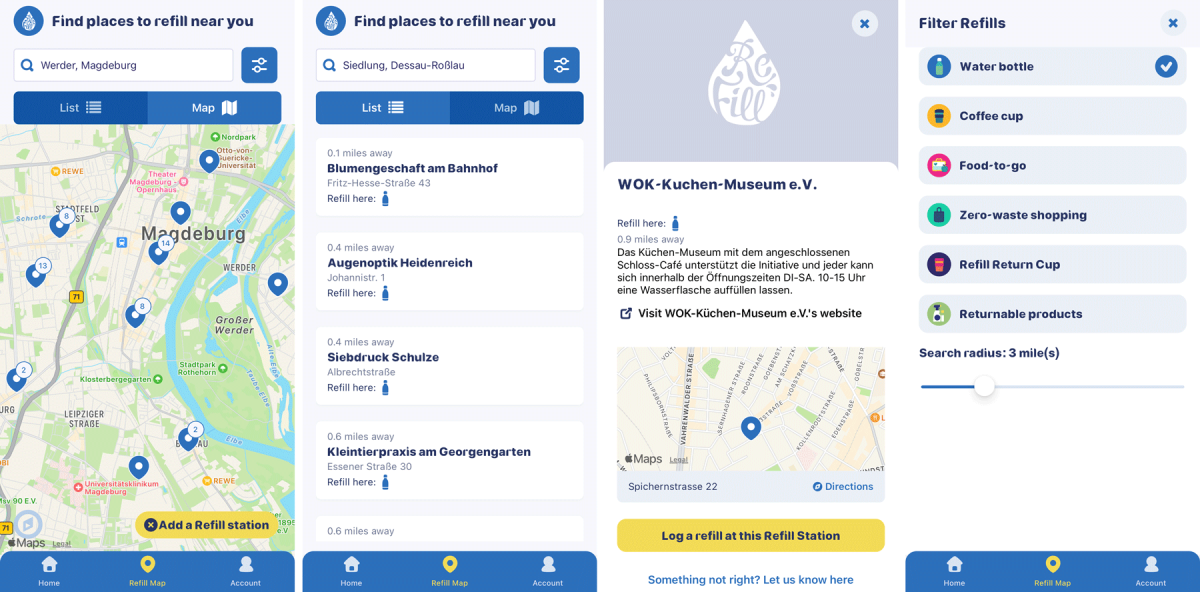 Beispielhafte Screenshots der App "Refill"