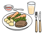 Grafik: Eine Mahlzeit mit Gemüse, Fleisch und Getränk